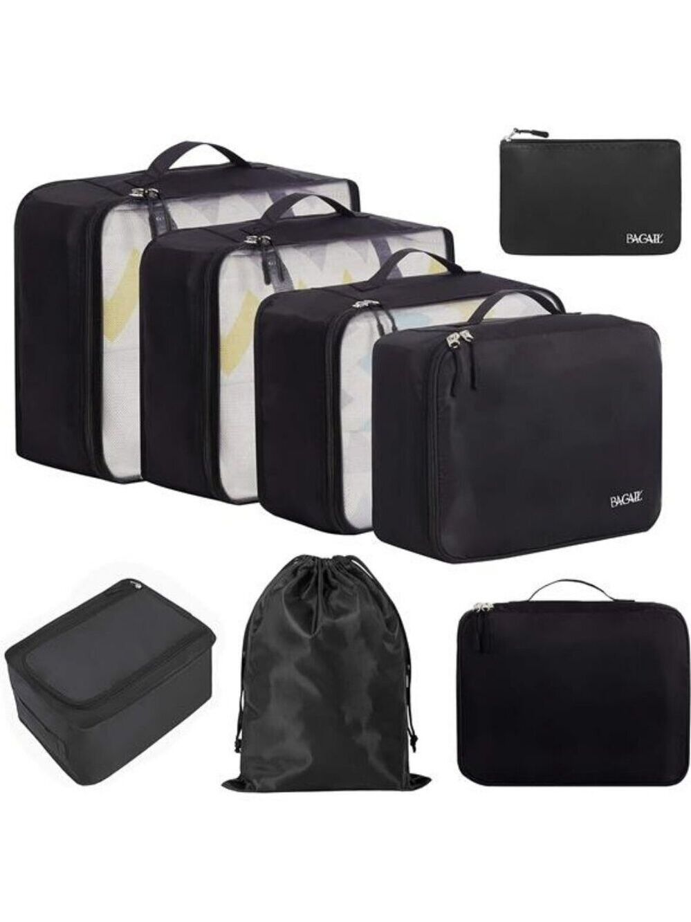 Packing Cubes 8 Set Travel Luggage Organizers Lightweight Mesh Black Bags